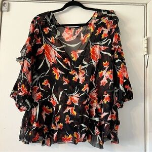 Diane Von Furstenburg Benedetta Floral Silk Top Chiffon Tiered Ruffle 12 Red